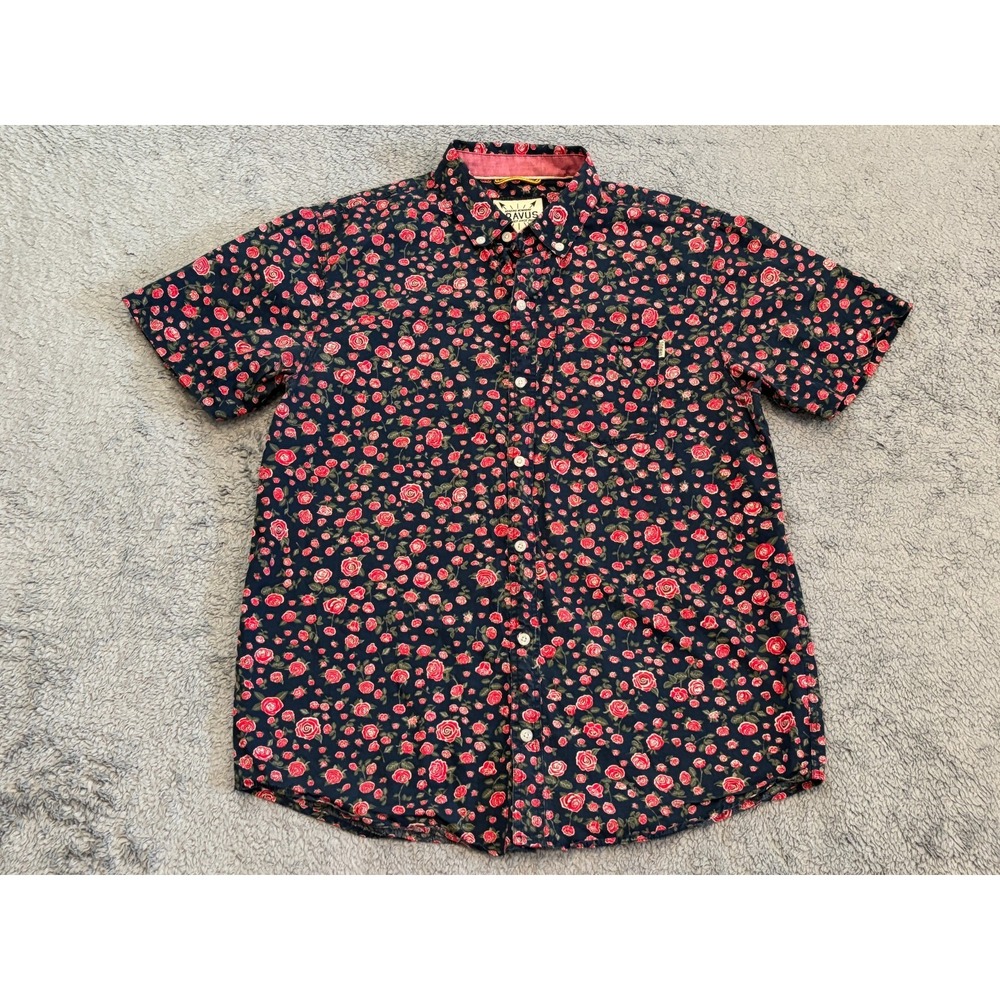 Dravus Mens Medium Button Up Short Sleeve Rose Pattern Navy Blue Casual Shirt
